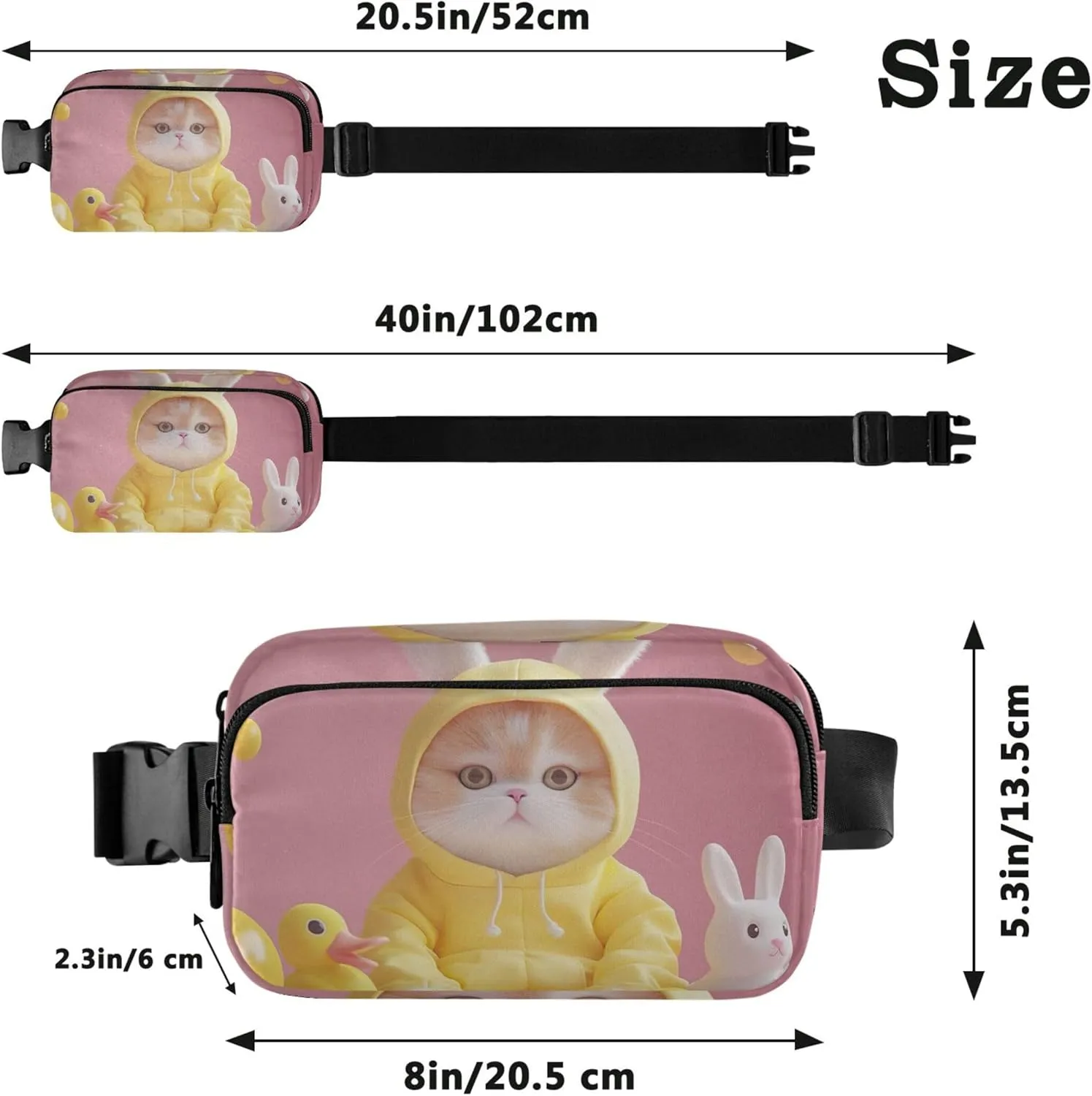 Playful Bunny Cat Animals Pink Waterproof Womens Fanny Pack Belt Bag Hip Pouch Designer Travel Waist Pack for Men