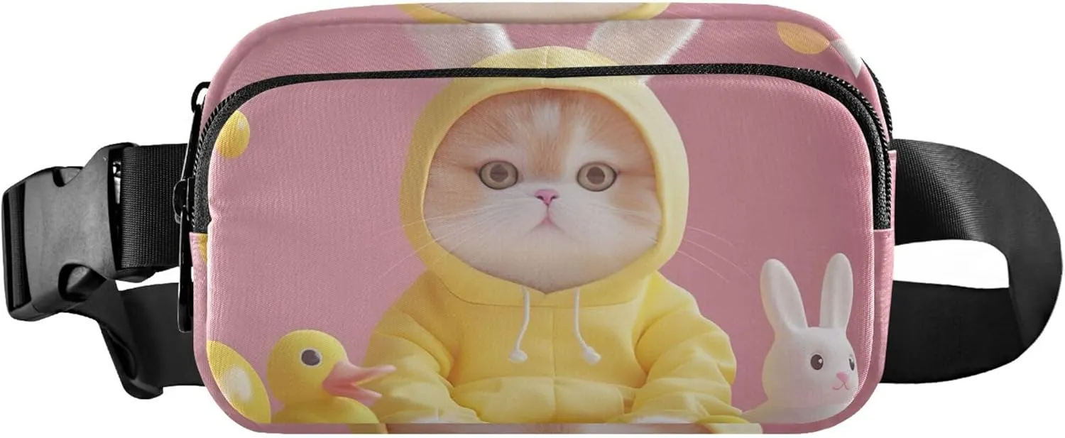 Playful Bunny Cat Animals Pink Waterproof Womens Fanny Pack Belt Bag Hip Pouch Designer Travel Waist Pack for Men