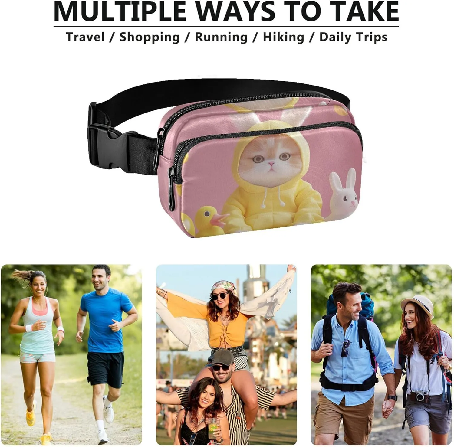 Playful Bunny Cat Animals Pink Waterproof Womens Fanny Pack Belt Bag Hip Pouch Designer Travel Waist Pack for Men
