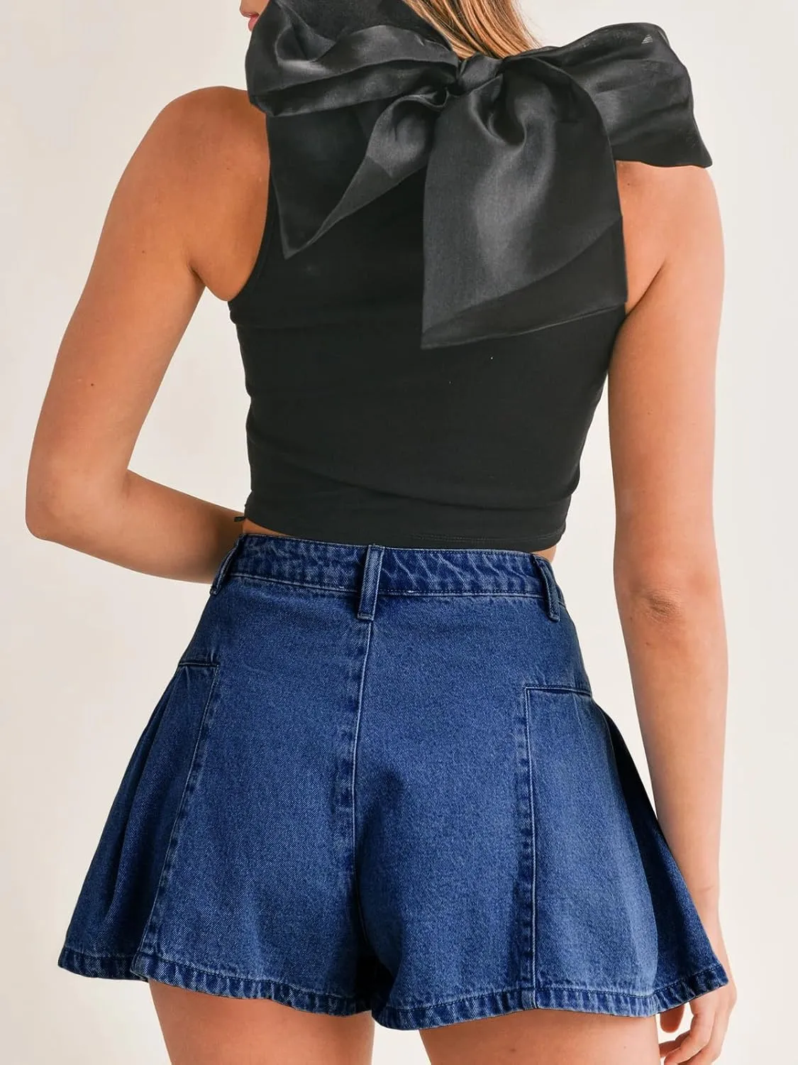 PLNOTME Womens Flare Flowy Jean Shorts High Waisted Wide Leg Ruffle Summer Denim Skort