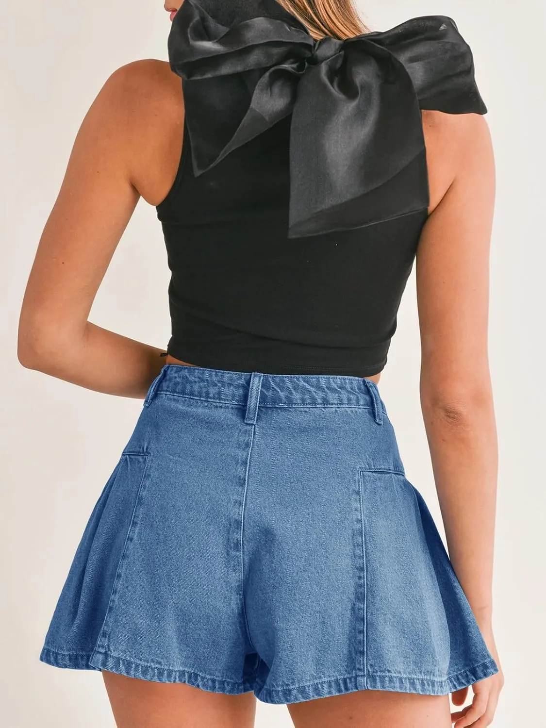 PLNOTME Womens Flare Flowy Jean Shorts High Waisted Wide Leg Ruffle Summer Denim Skort