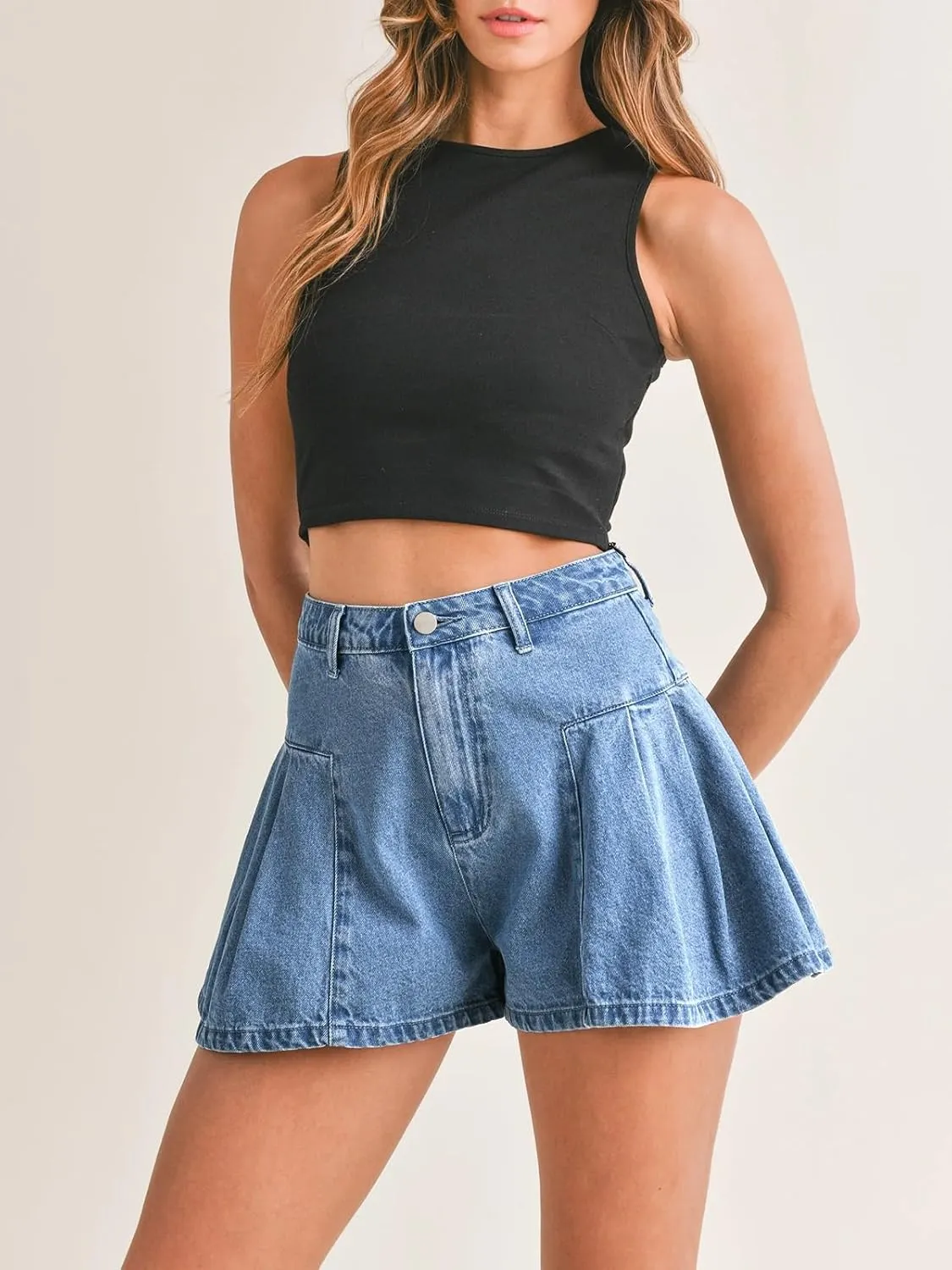 PLNOTME Womens Flare Flowy Jean Shorts High Waisted Wide Leg Ruffle Summer Denim Skort