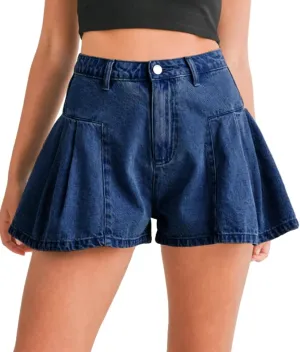 PLNOTME Womens Flare Flowy Jean Shorts High Waisted Wide Leg Ruffle Summer Denim Skort