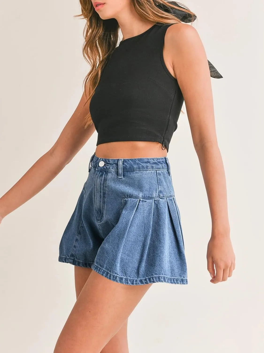 PLNOTME Womens Flare Flowy Jean Shorts High Waisted Wide Leg Ruffle Summer Denim Skort