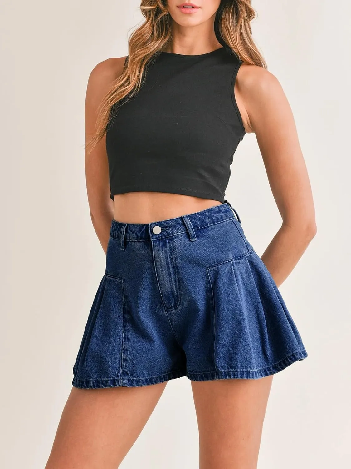 PLNOTME Womens Flare Flowy Jean Shorts High Waisted Wide Leg Ruffle Summer Denim Skort