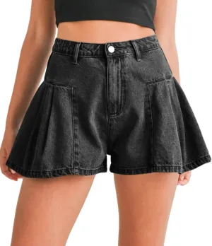 PLNOTME Womens Flare Flowy Jean Shorts High Waisted Wide Leg Ruffle Summer Denim Skort