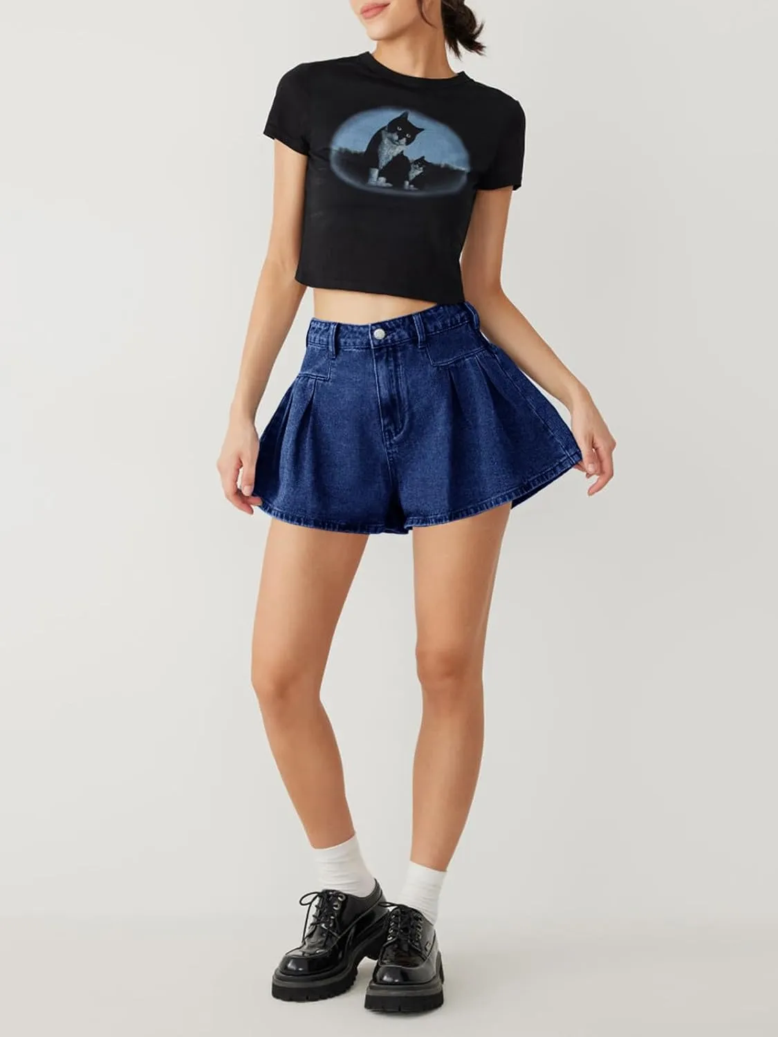 PLNOTME Womens Flare Flowy Jean Shorts High Waisted Wide Leg Ruffle Summer Denim Skort