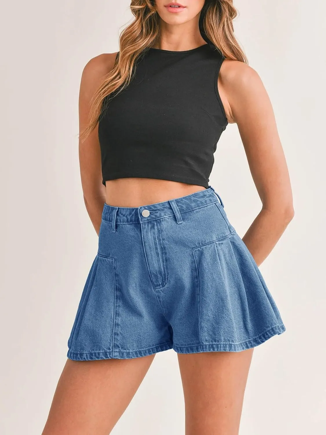 PLNOTME Womens Flare Flowy Jean Shorts High Waisted Wide Leg Ruffle Summer Denim Skort