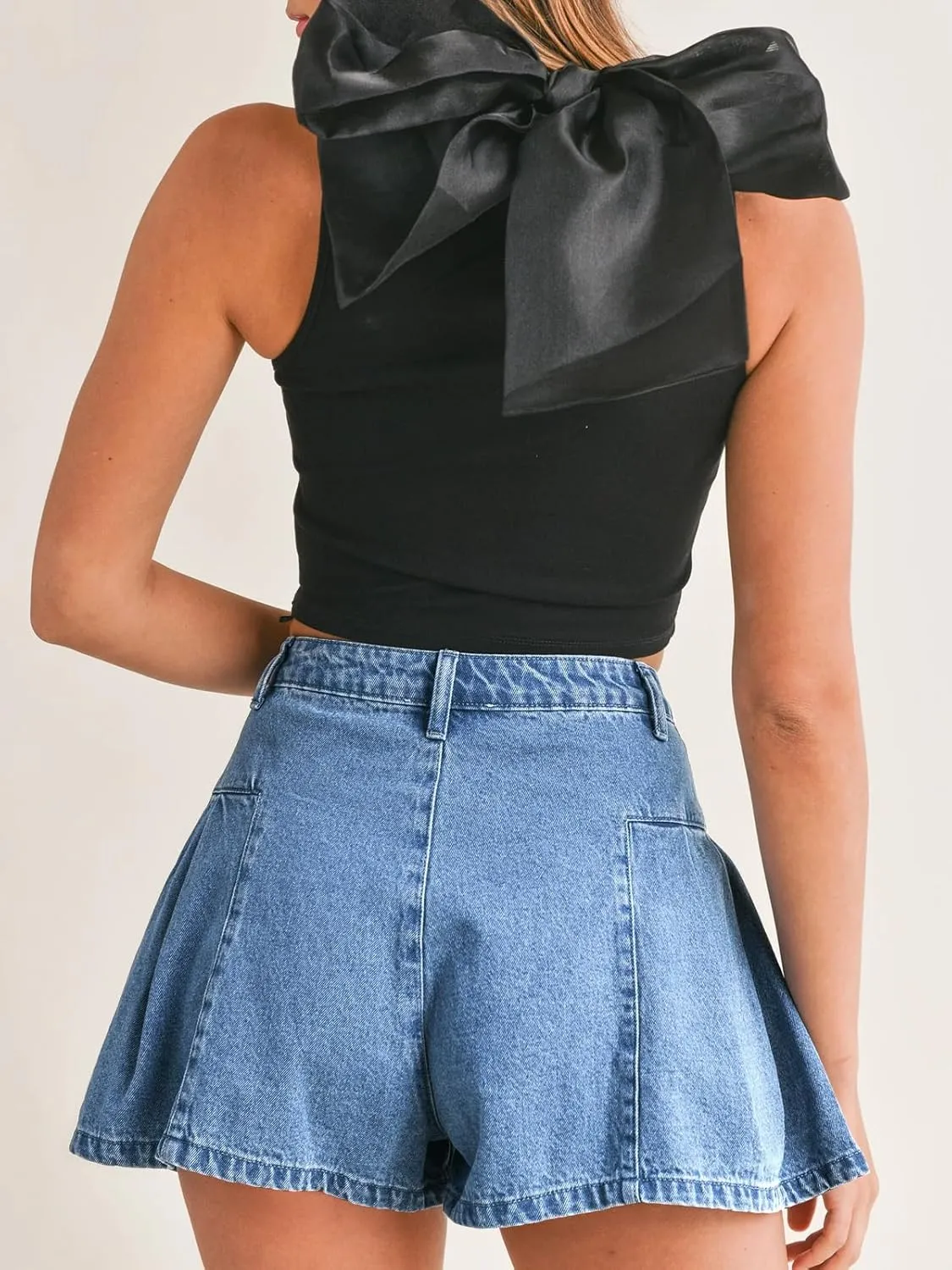 PLNOTME Womens Flare Flowy Jean Shorts High Waisted Wide Leg Ruffle Summer Denim Skort
