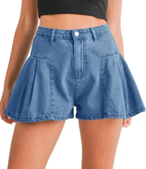 PLNOTME Womens Flare Flowy Jean Shorts High Waisted Wide Leg Ruffle Summer Denim Skort