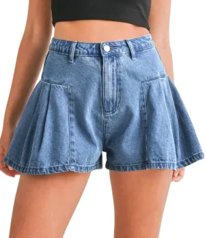 PLNOTME Womens Flare Flowy Jean Shorts High Waisted Wide Leg Ruffle Summer Denim Skort