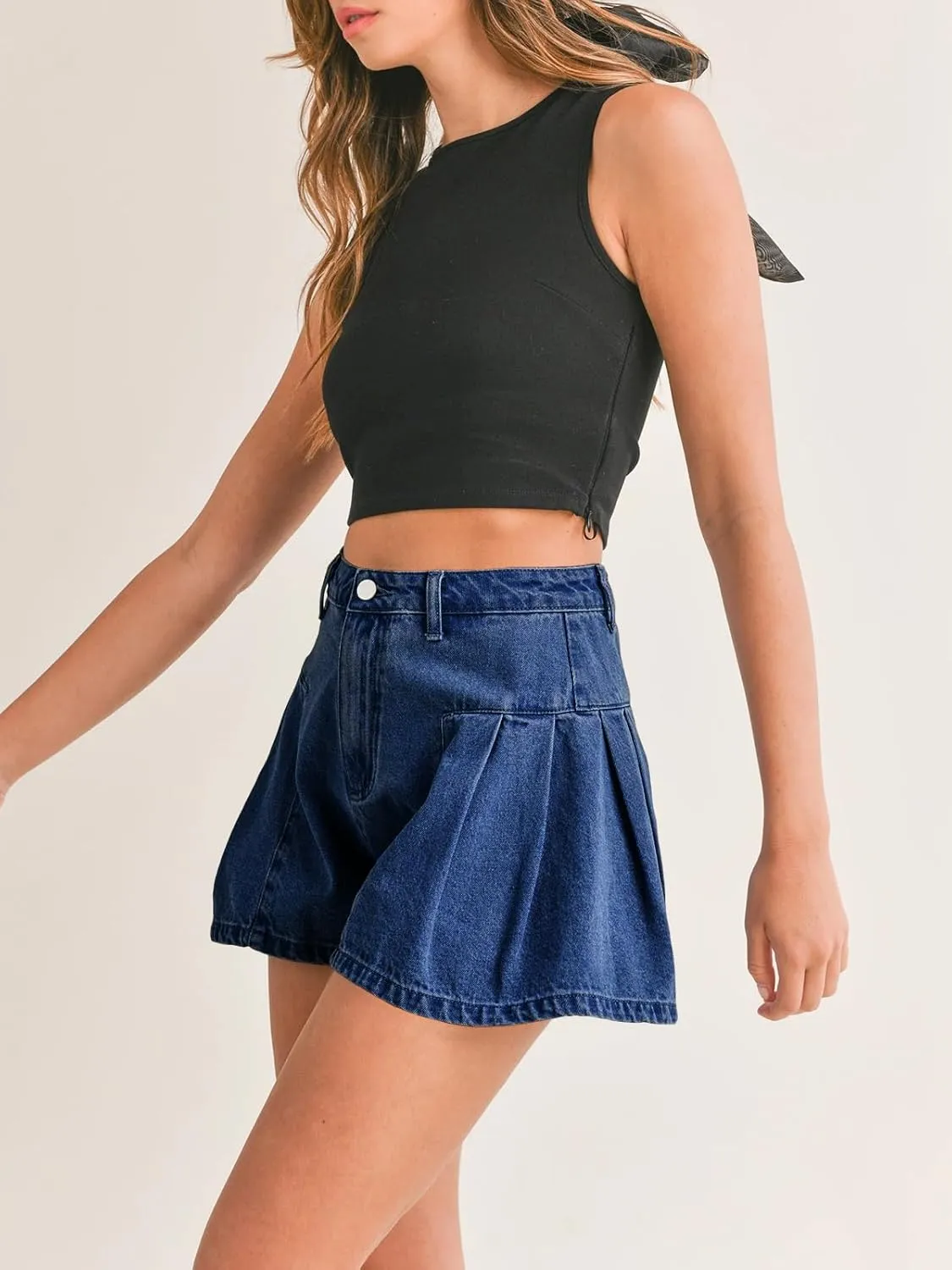 PLNOTME Womens Flare Flowy Jean Shorts High Waisted Wide Leg Ruffle Summer Denim Skort