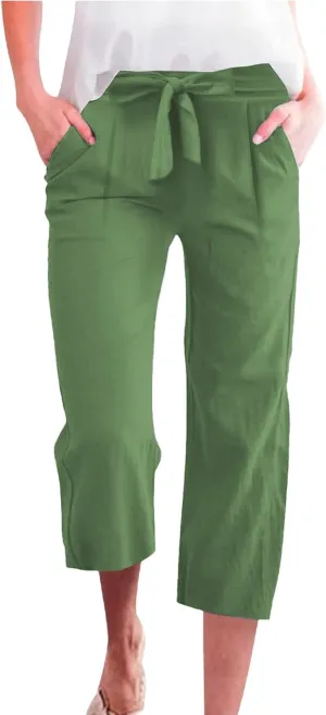 Plus Size Capris for Women Solid Color Elastic High Waist Lounge Pants Drawstring Pocket Wide Leg Cropped Trousers