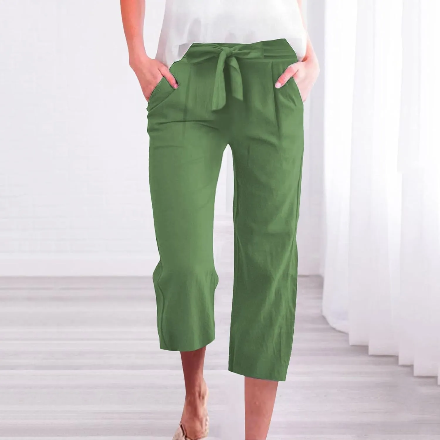 Plus Size Capris for Women Solid Color Elastic High Waist Lounge Pants Drawstring Pocket Wide Leg Cropped Trousers
