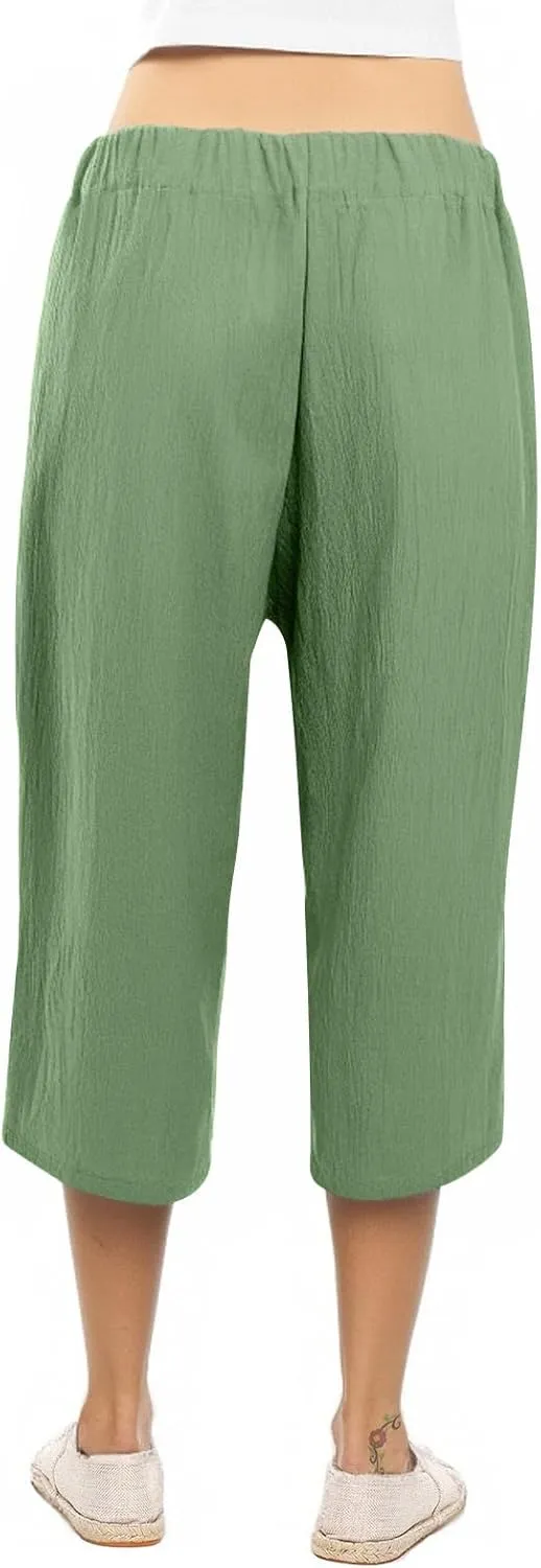 Plus Size Capris for Women Solid Color Elastic High Waist Lounge Pants Drawstring Pocket Wide Leg Cropped Trousers