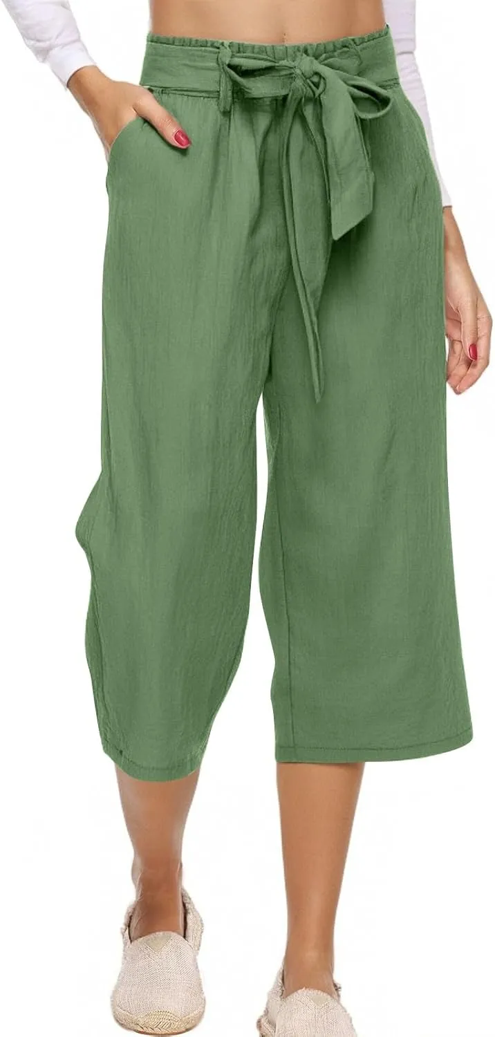 Plus Size Capris for Women Solid Color Elastic High Waist Lounge Pants Drawstring Pocket Wide Leg Cropped Trousers
