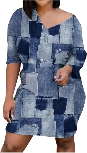 Plus Size Denim Dress for Women Patchwork Long Sleeve V Neck Distressed Jean Shirt Dress Summer Midi A Line Dresses