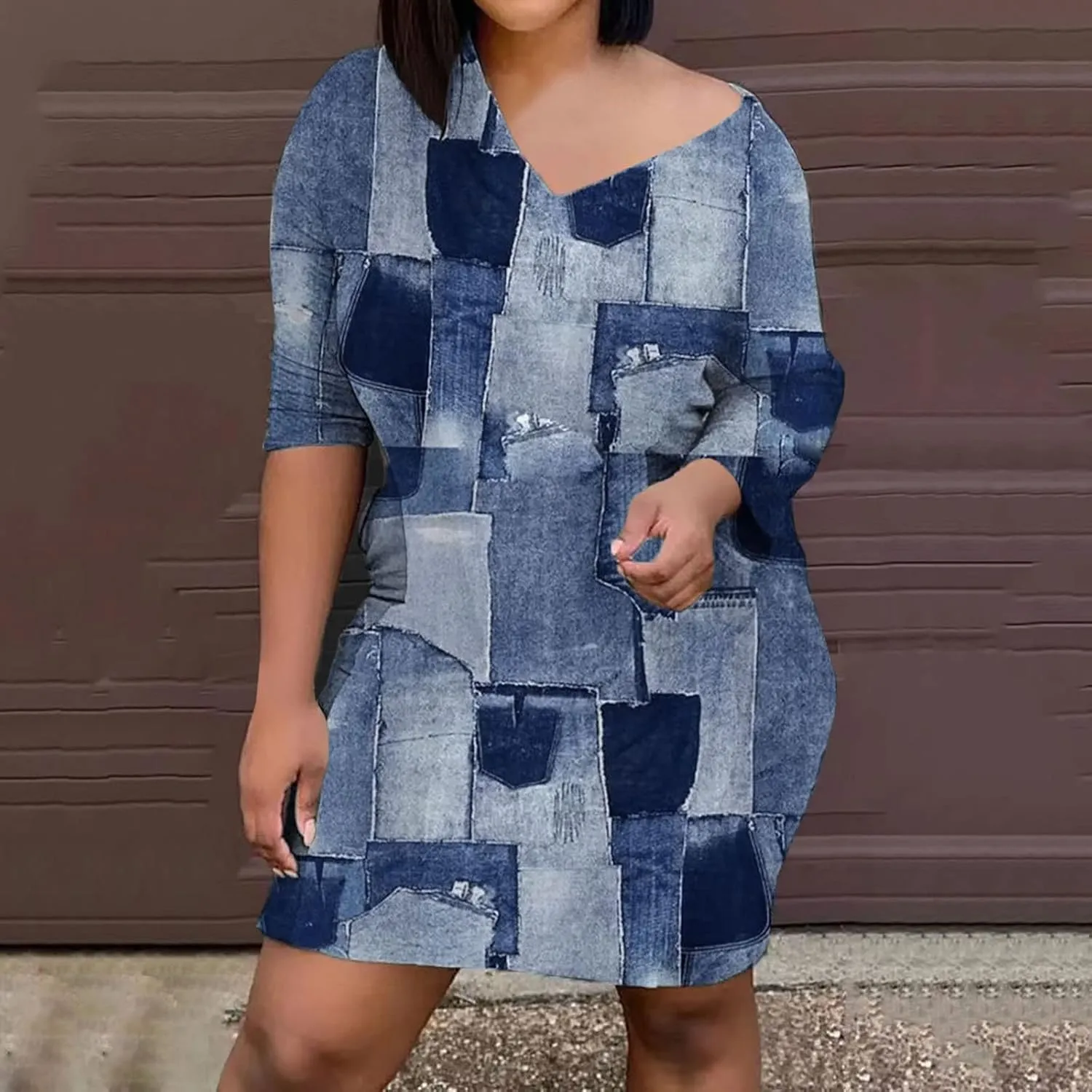 Plus Size Denim Dress for Women Patchwork Long Sleeve V Neck Distressed Jean Shirt Dress Summer Midi A Line Dresses