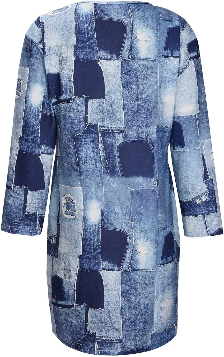 Plus Size Denim Dress for Women Patchwork Long Sleeve V Neck Distressed Jean Shirt Dress Summer Midi A Line Dresses