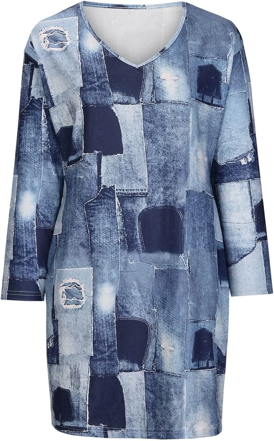 Plus Size Denim Dress for Women Patchwork Long Sleeve V Neck Distressed Jean Shirt Dress Summer Midi A Line Dresses