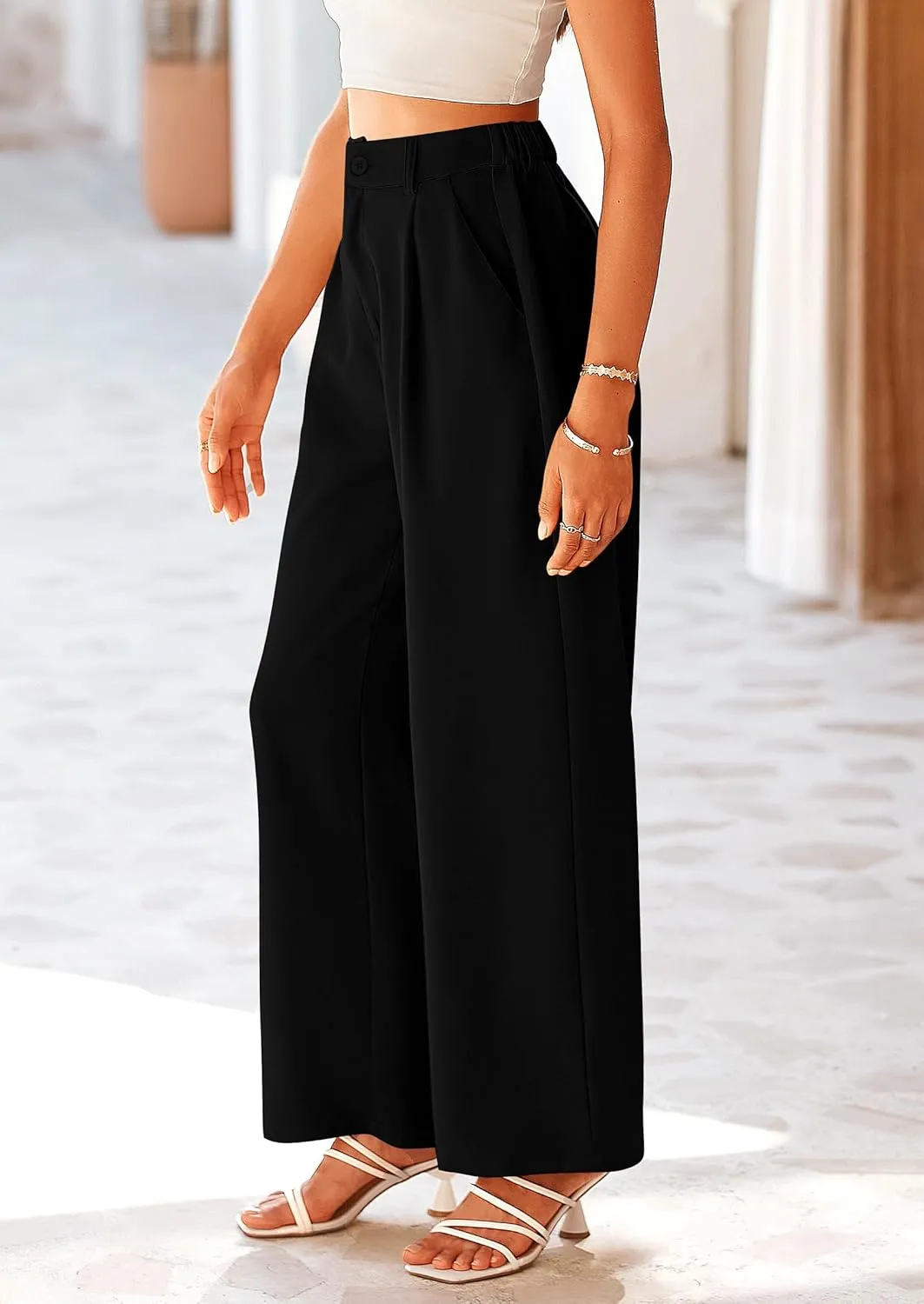 PRETTYGARDEN Palazzo Pants for Women Dressy High Elastic Waisted Business Casual Wide Leg Trousers Pant