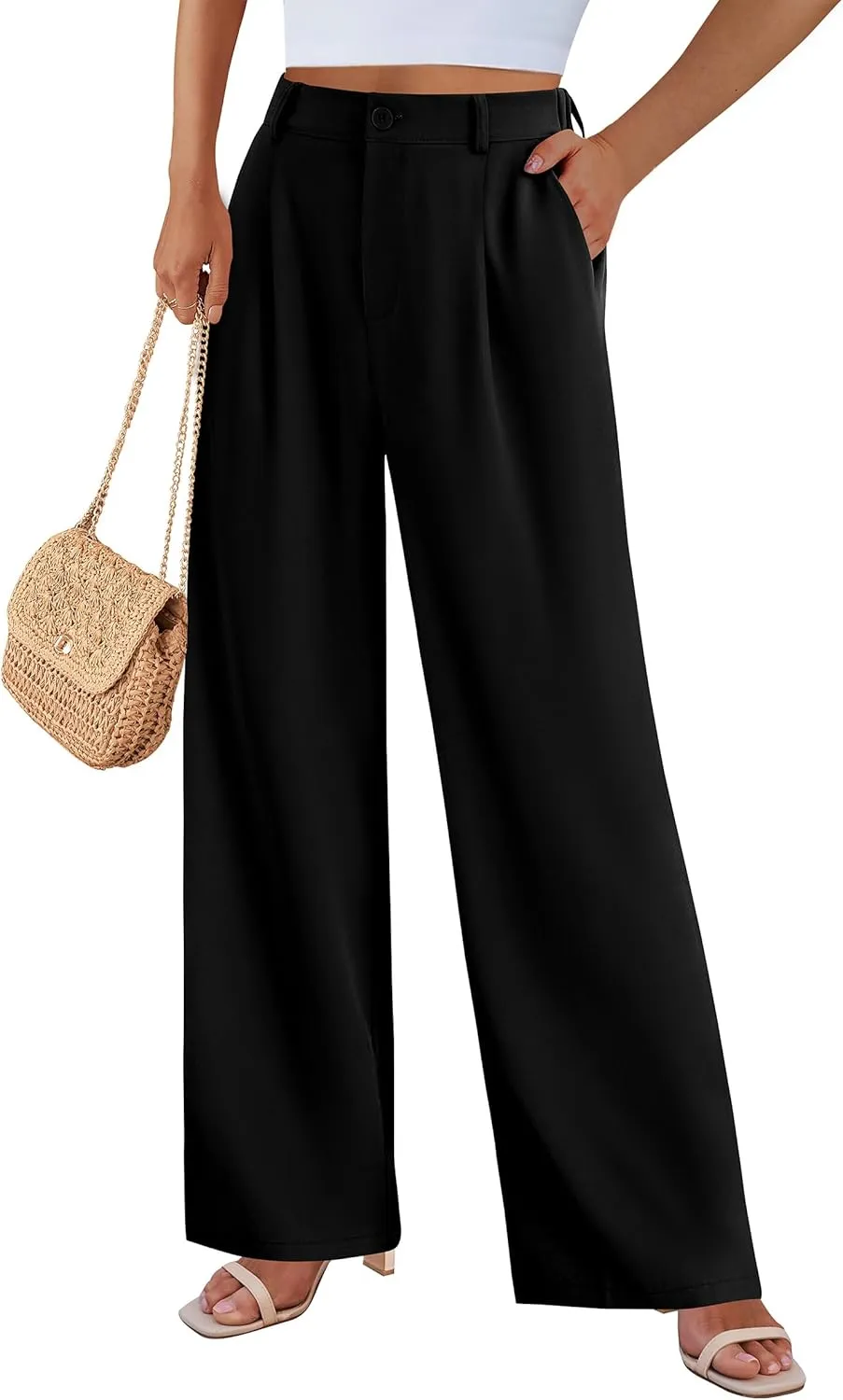 PRETTYGARDEN Palazzo Pants for Women Dressy High Elastic Waisted Business Casual Wide Leg Trousers Pant