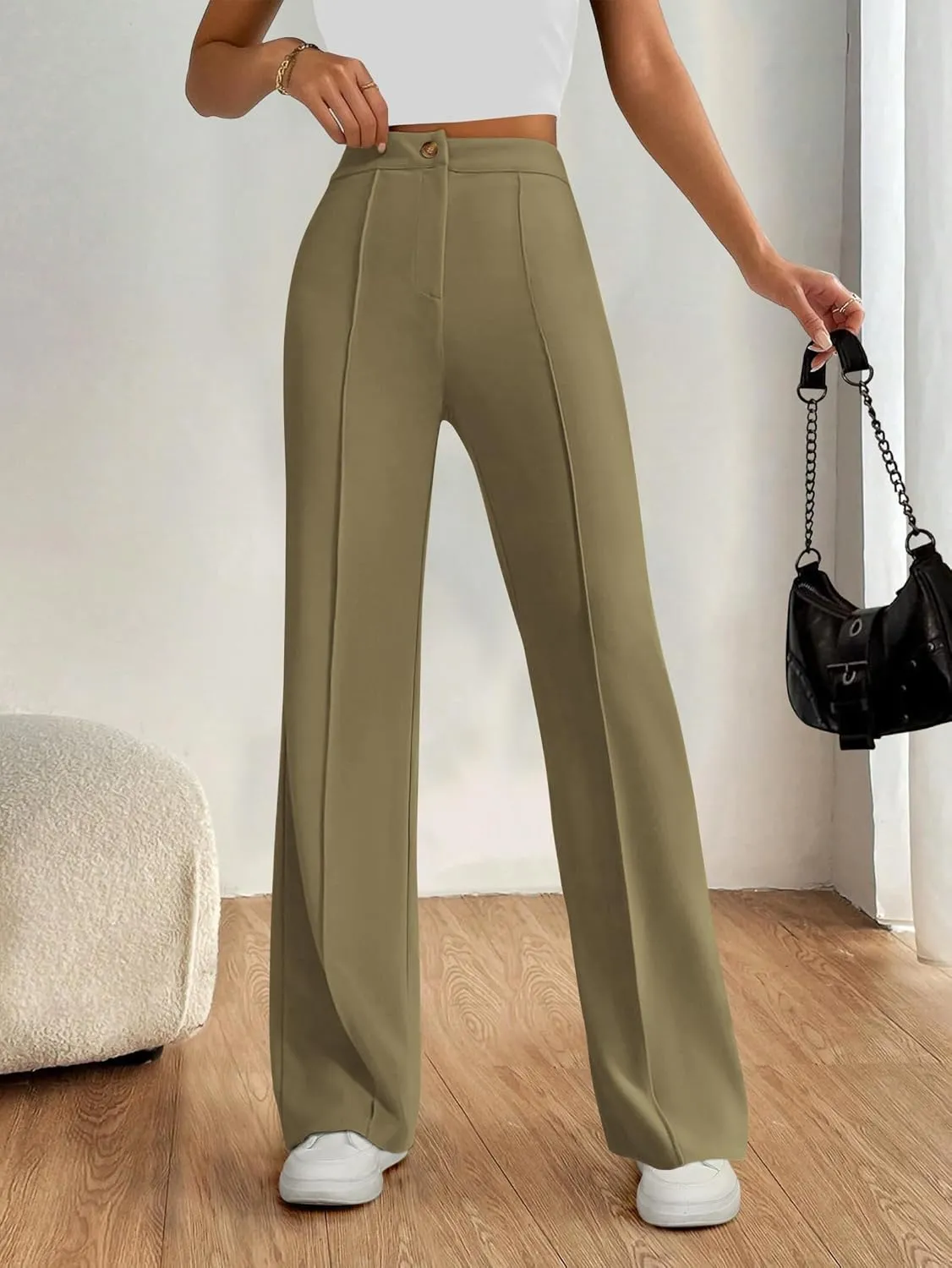 PRETTYGARDEN Straight Leg Pants Stretchy Button Business Casual Work Trousers Knit Elastic Waist Slacks