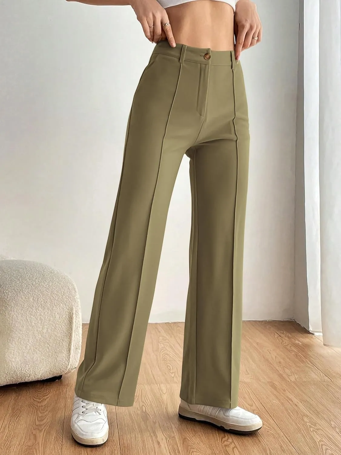 PRETTYGARDEN Straight Leg Pants Stretchy Button Business Casual Work Trousers Knit Elastic Waist Slacks