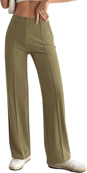 PRETTYGARDEN Straight Leg Pants Stretchy Button Business Casual Work Trousers Knit Elastic Waist Slacks