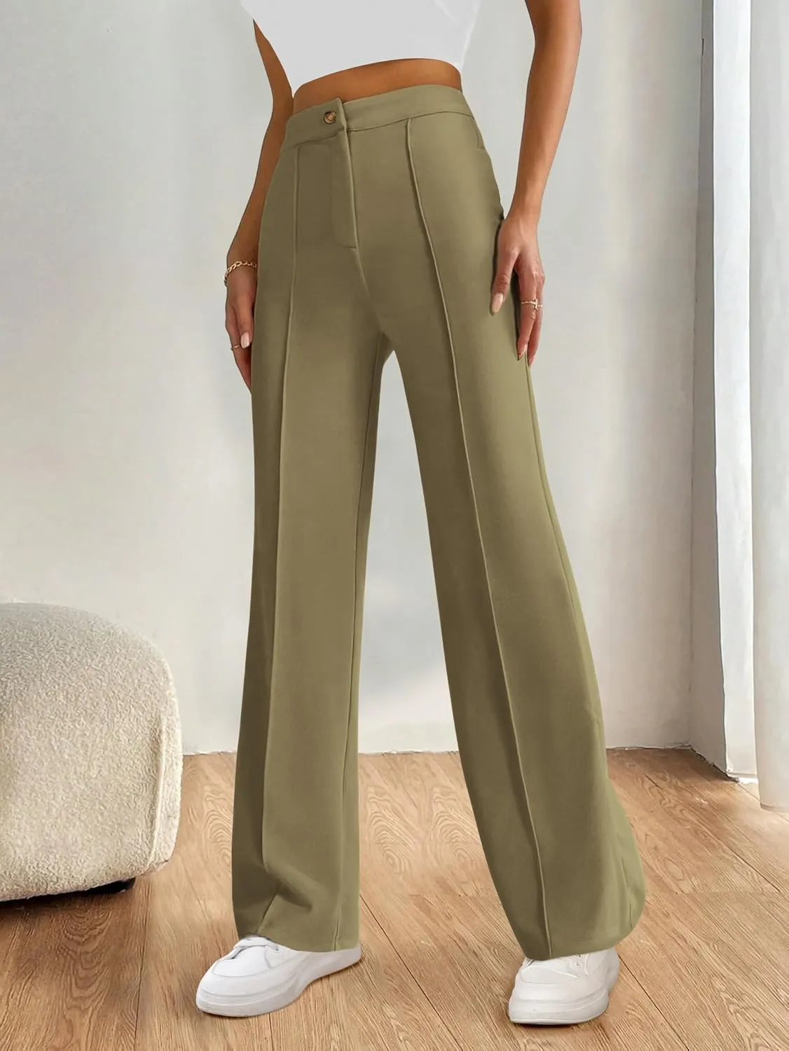 PRETTYGARDEN Straight Leg Pants Stretchy Button Business Casual Work Trousers Knit Elastic Waist Slacks