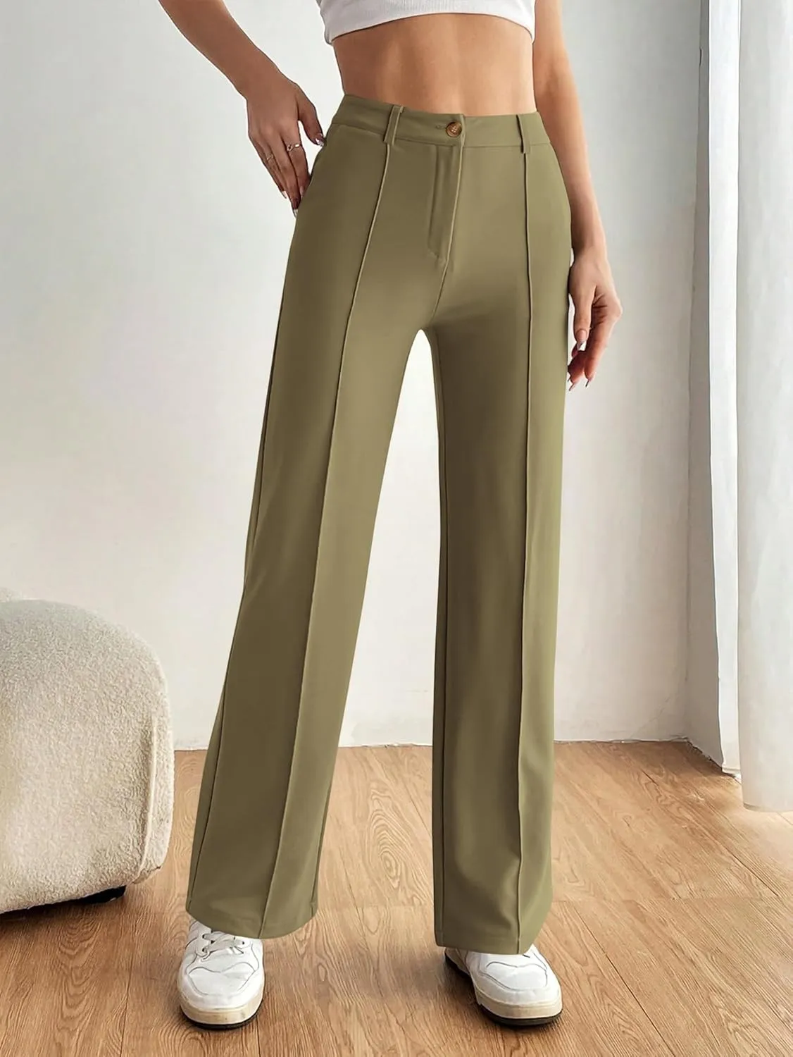 PRETTYGARDEN Straight Leg Pants Stretchy Button Business Casual Work Trousers Knit Elastic Waist Slacks