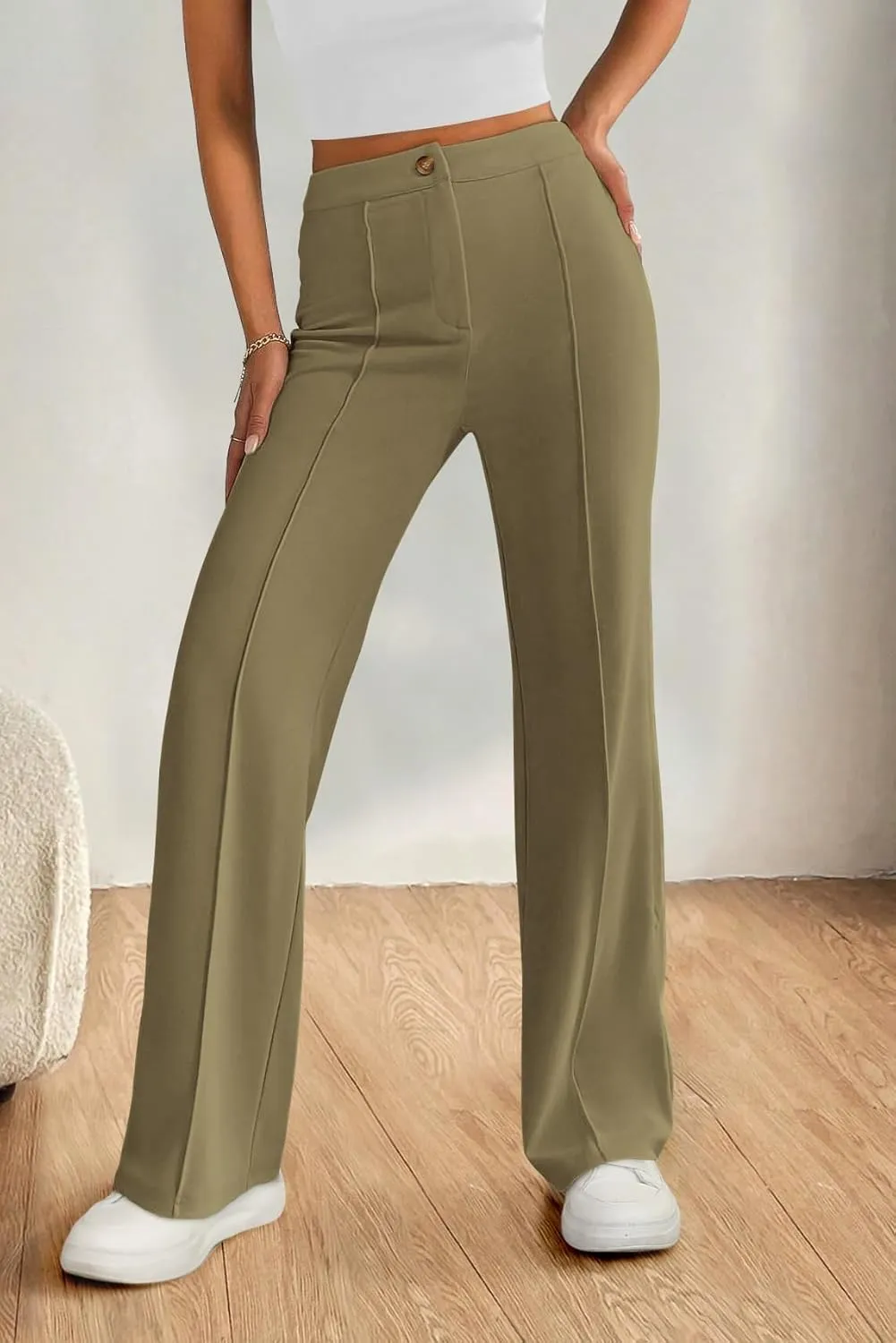 PRETTYGARDEN Straight Leg Pants Stretchy Button Business Casual Work Trousers Knit Elastic Waist Slacks