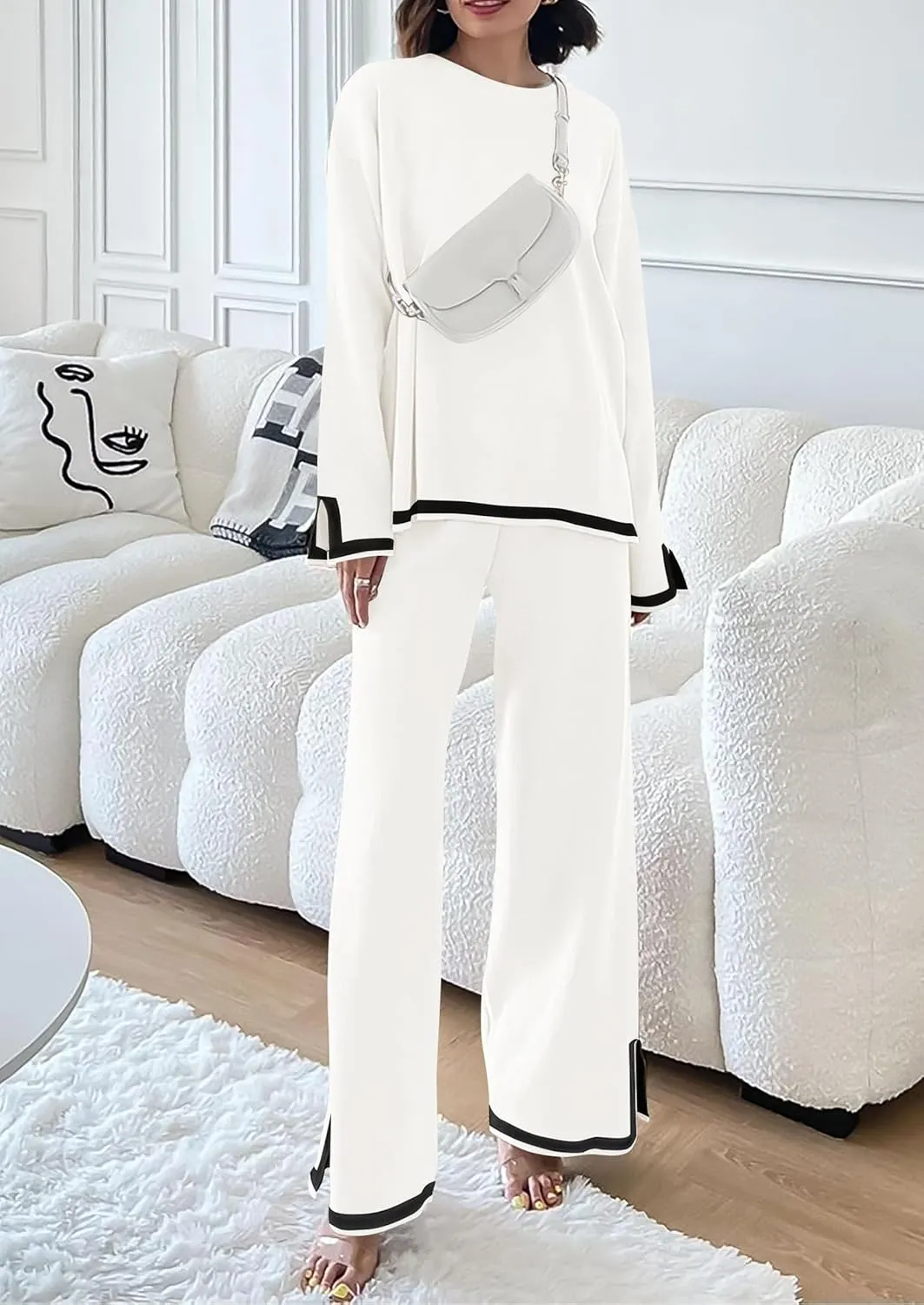 PRETTYGARDEN Women's 2 Piece Knit Sweater Set Casual Long Sleeve Pullover Wide Leg Pants Sweatsuit Tracksuit Outfit