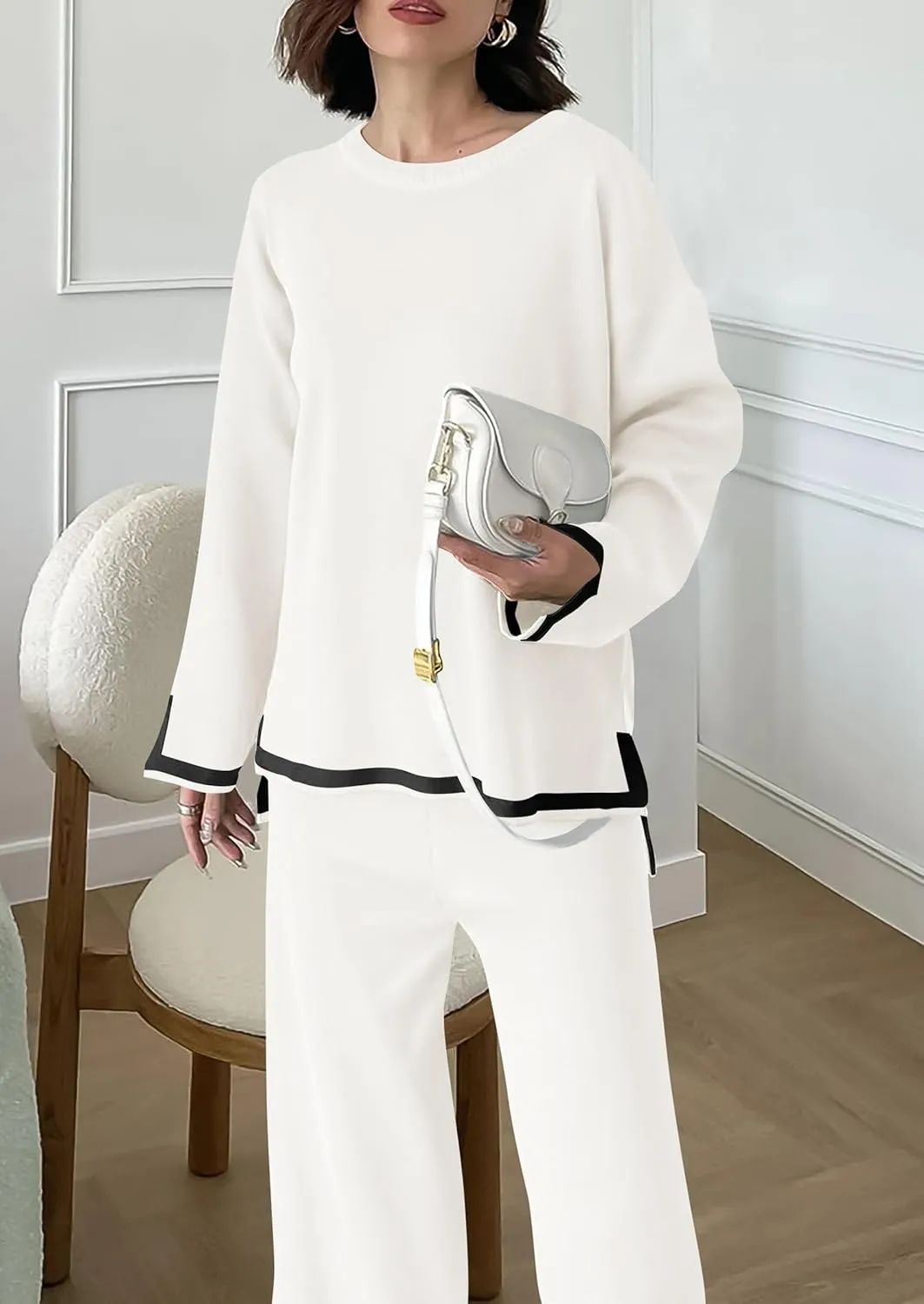 PRETTYGARDEN Women's 2 Piece Knit Sweater Set Casual Long Sleeve Pullover Wide Leg Pants Sweatsuit Tracksuit Outfit