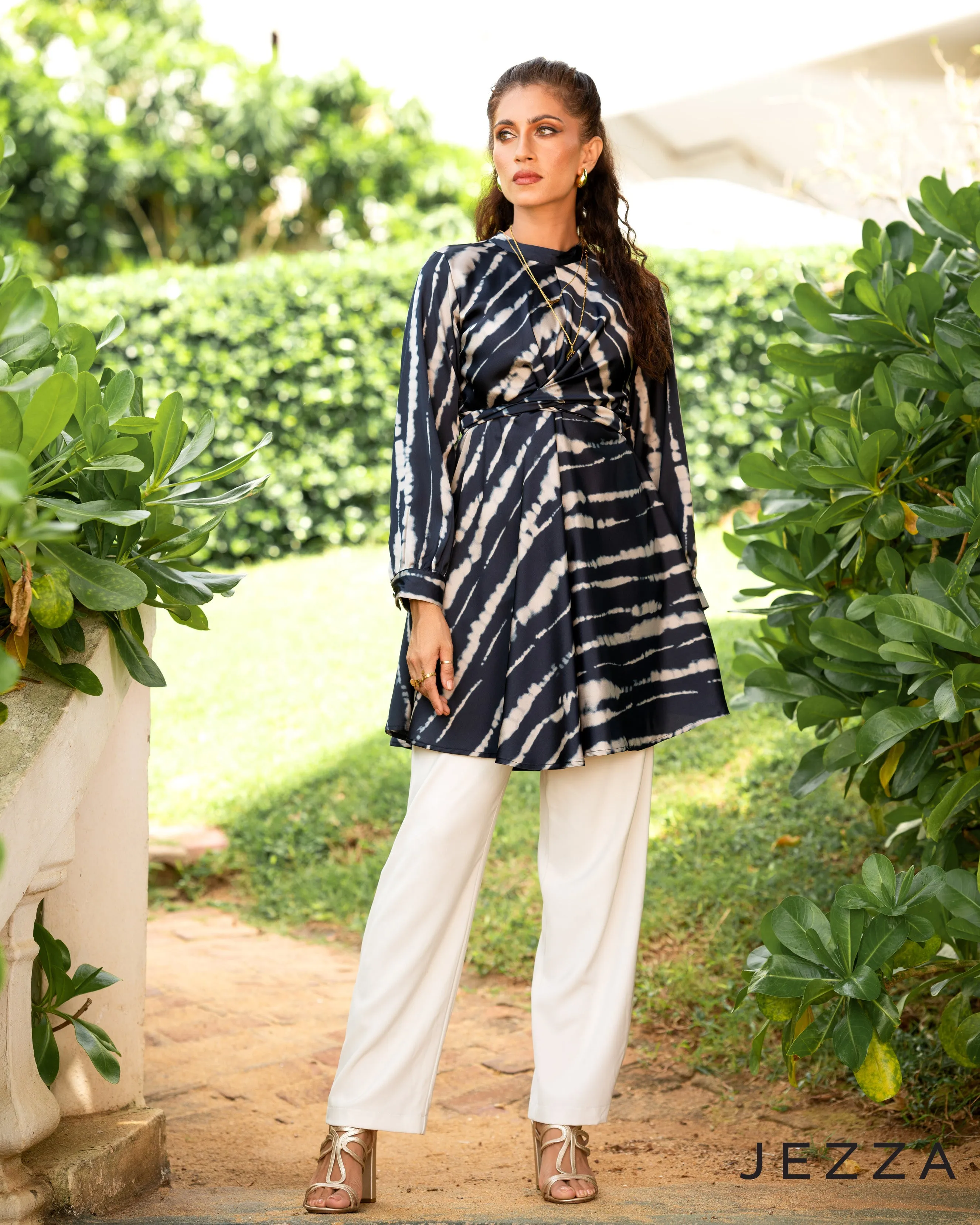 Printed Satin Mandarin Collar Top 61452