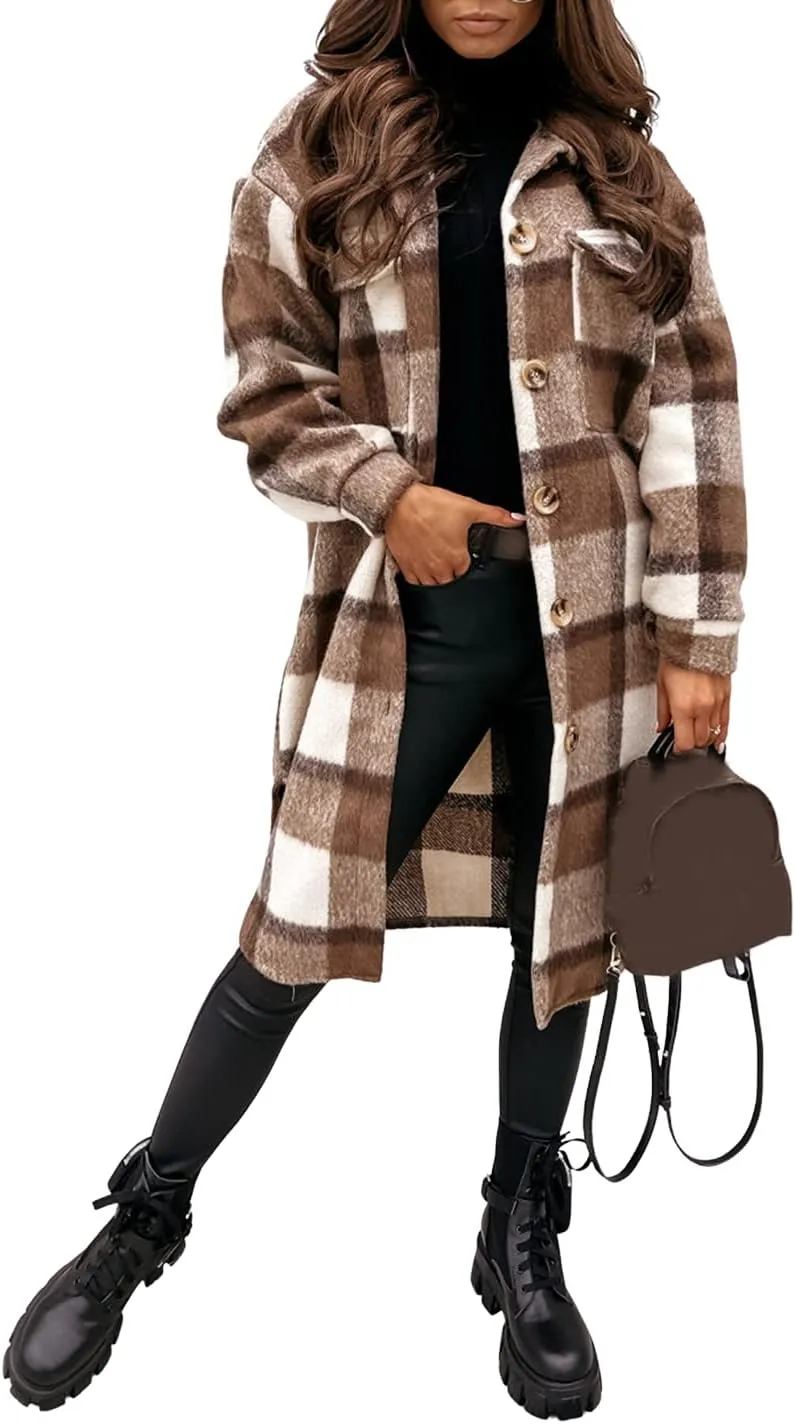 PUWEI Women's Long Flannel Plaid Jacket Shacket Cozy Lapel Button Down Shirt Jacket Fuzzy Trench Coat
