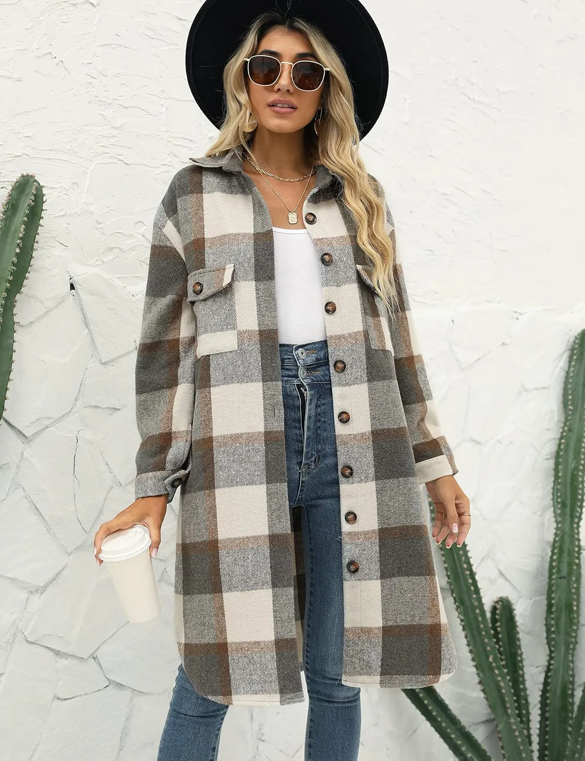 PUWEI Women's Long Flannel Plaid Jacket Shacket Cozy Lapel Button Down Shirt Jacket Fuzzy Trench Coat