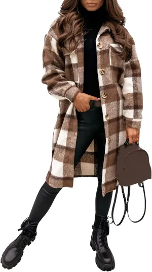 PUWEI Women's Long Flannel Plaid Jacket Shacket Cozy Lapel Button Down Shirt Jacket Fuzzy Trench Coat