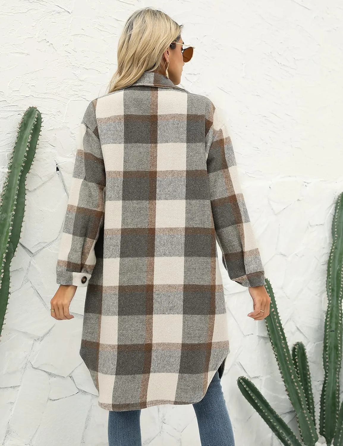PUWEI Women's Long Flannel Plaid Jacket Shacket Cozy Lapel Button Down Shirt Jacket Fuzzy Trench Coat