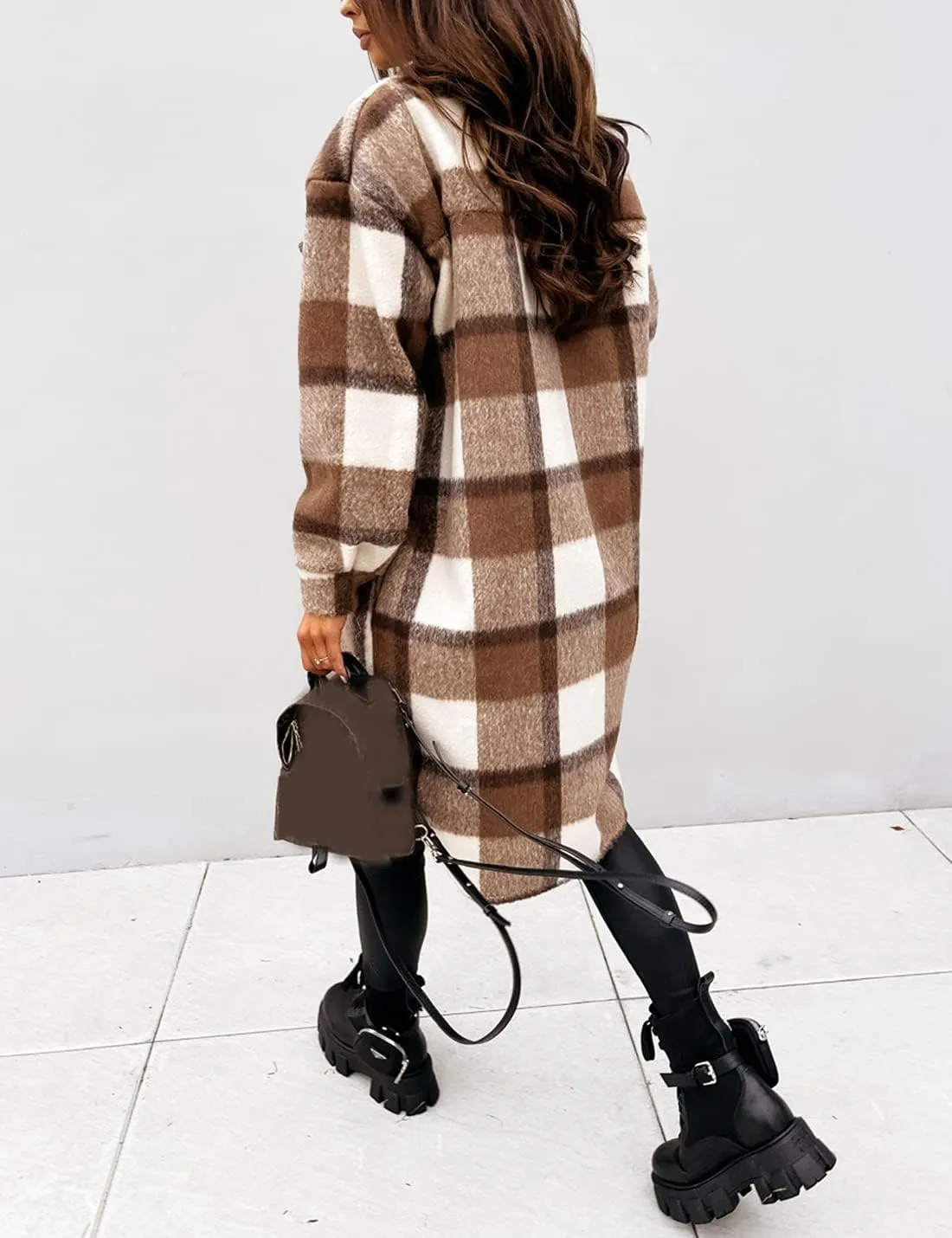 PUWEI Women's Long Flannel Plaid Jacket Shacket Cozy Lapel Button Down Shirt Jacket Fuzzy Trench Coat