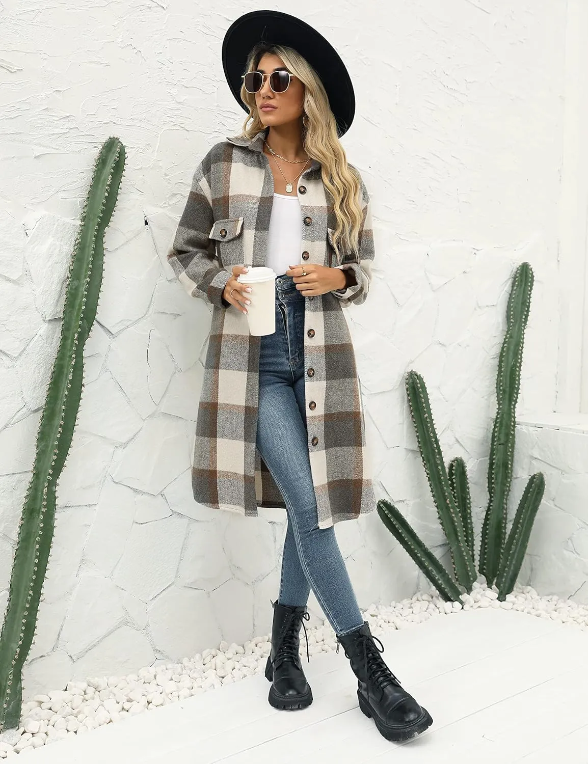 PUWEI Women's Long Flannel Plaid Jacket Shacket Cozy Lapel Button Down Shirt Jacket Fuzzy Trench Coat