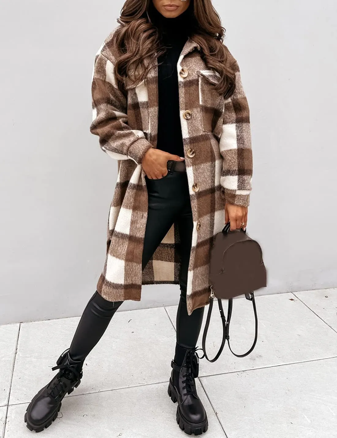 PUWEI Women's Long Flannel Plaid Jacket Shacket Cozy Lapel Button Down Shirt Jacket Fuzzy Trench Coat