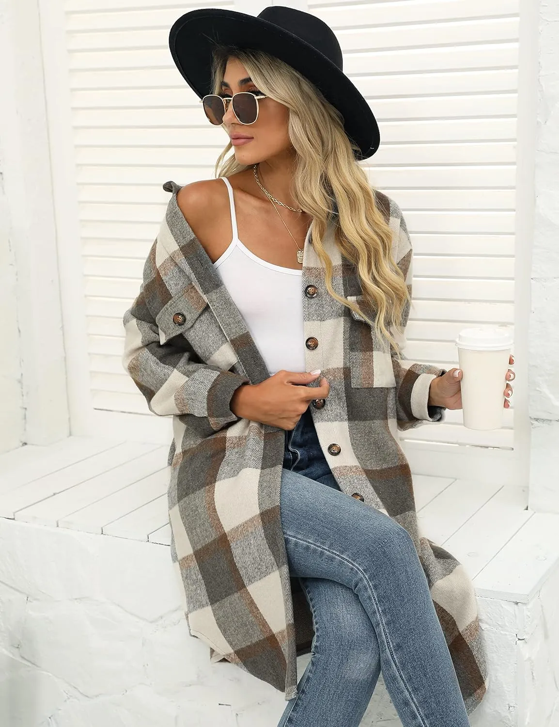 PUWEI Women's Long Flannel Plaid Jacket Shacket Cozy Lapel Button Down Shirt Jacket Fuzzy Trench Coat