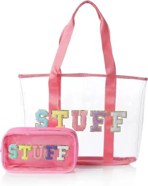 PVC Tote Bag with Chenille Letters for Women- Waterproof Transparent Reusable Large Capacity See-Through Design
