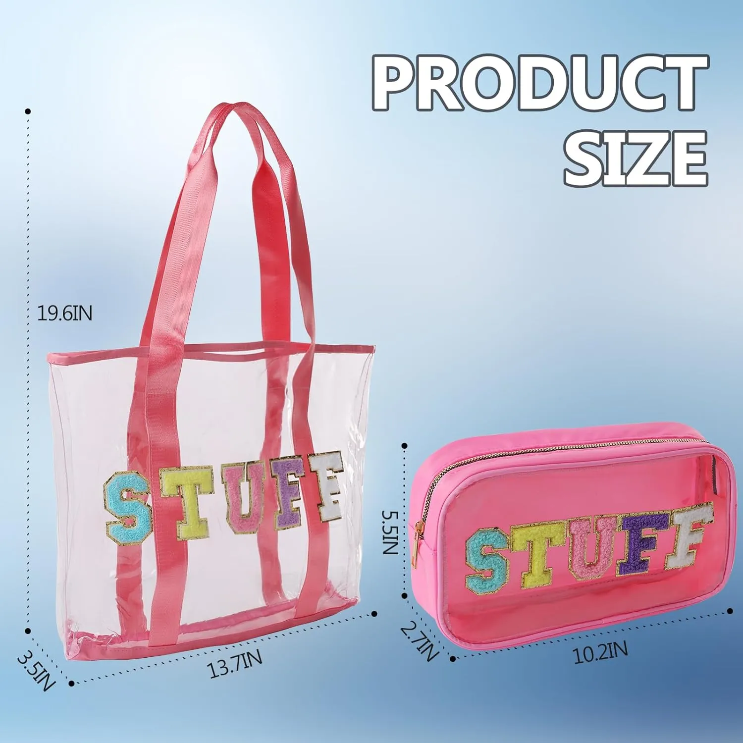 PVC Tote Bag with Chenille Letters for Women- Waterproof Transparent Reusable Large Capacity See-Through Design