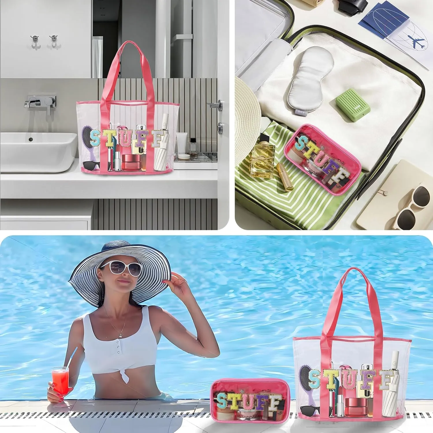 PVC Tote Bag with Chenille Letters for Women- Waterproof Transparent Reusable Large Capacity See-Through Design