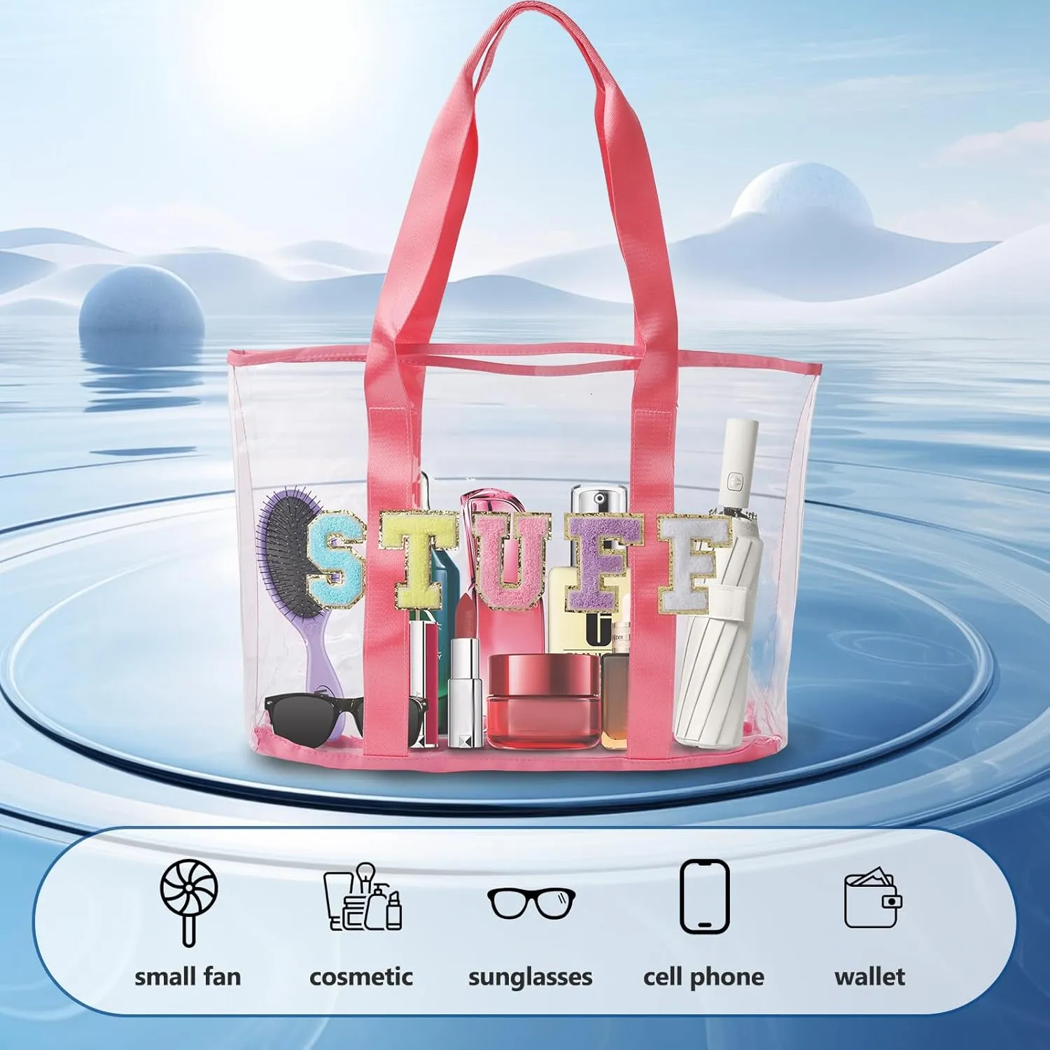 PVC Tote Bag with Chenille Letters for Women- Waterproof Transparent Reusable Large Capacity See-Through Design