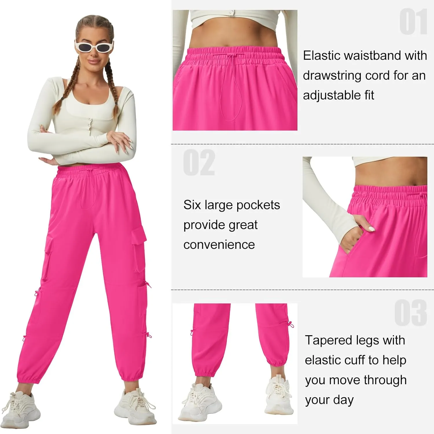 Quick Dry Cargo Pants Lightweight Tactical Hiking Pants with 6 Pockets for Women, Elastic Waist and Water-Resistant