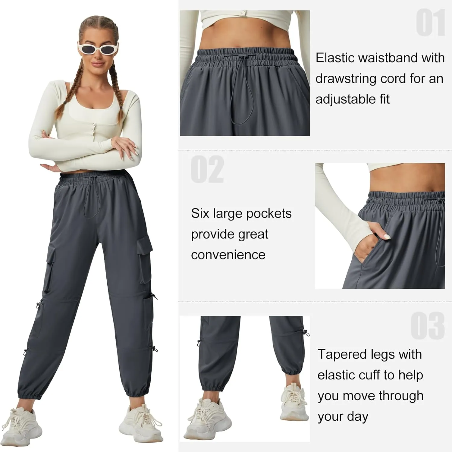 Quick Dry Cargo Pants Lightweight Tactical Hiking Pants with 6 Pockets for Women, Elastic Waist and Water-Resistant