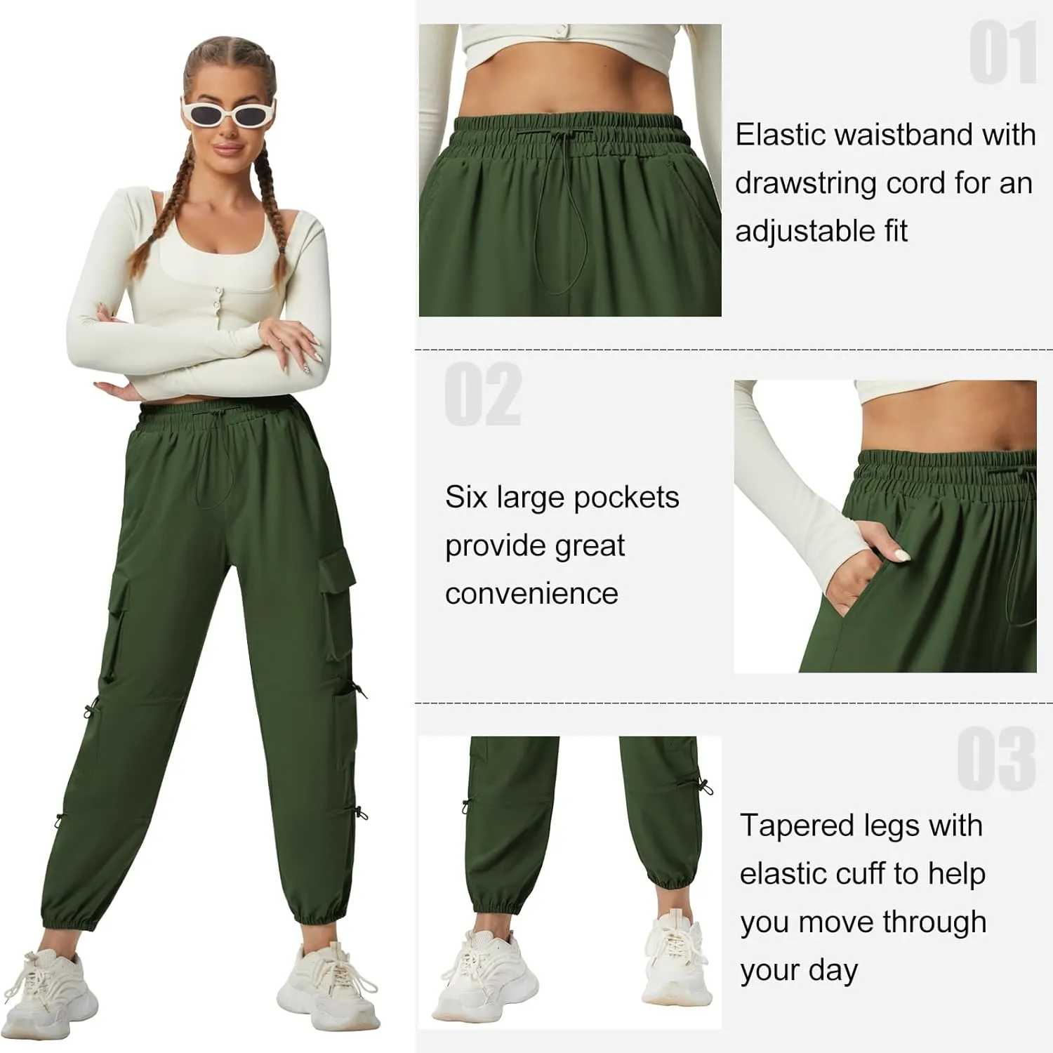 Quick Dry Cargo Pants Lightweight Tactical Hiking Pants with 6 Pockets for Women, Elastic Waist and Water-Resistant